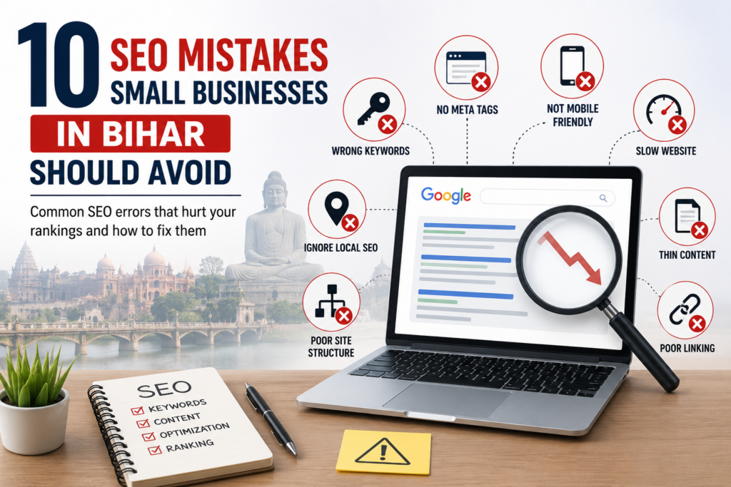 Illustration showing common SEO mistakes that small businesses in Bihar should avoid, including poor local SEO, slow website speed, thin content, missing meta tags, and mobile optimization issues.