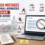 Illustration showing common SEO mistakes that small businesses in Bihar should avoid, including poor local SEO, slow website speed, thin content, missing meta tags, and mobile optimization issues.