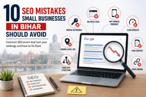 Illustration showing common SEO mistakes that small businesses in Bihar should avoid, including poor local SEO, slow website speed, thin content, missing meta tags, and mobile optimization issues.