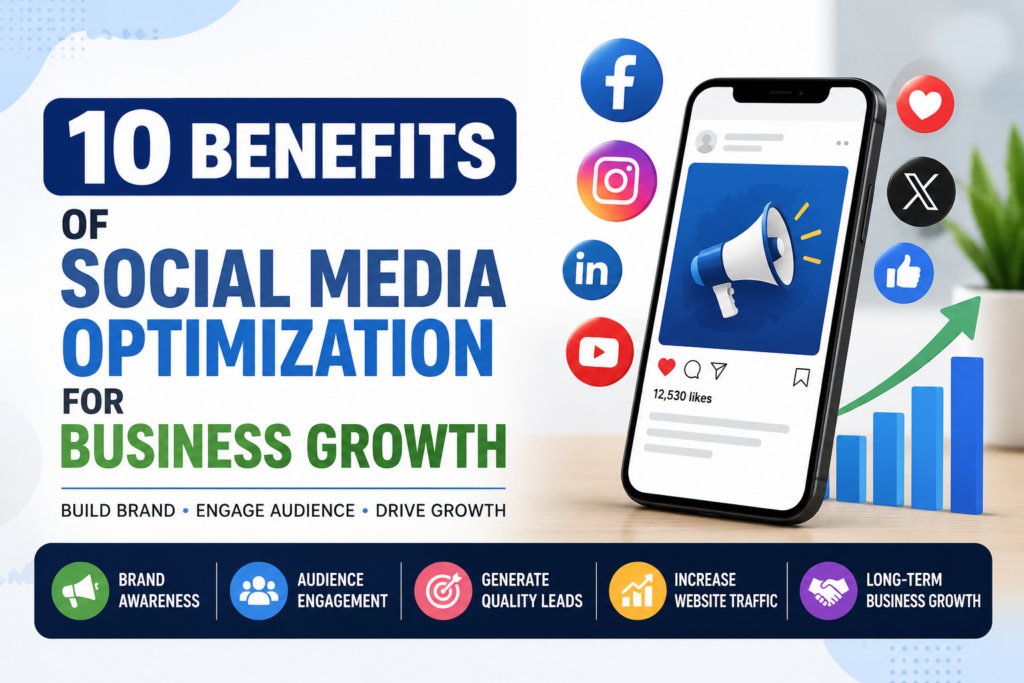 Illustration showing the top 10 benefits of Social Media Optimization (SMO) for business growth, including brand awareness, audience engagement, website traffic, lead generation, and long-term online success.